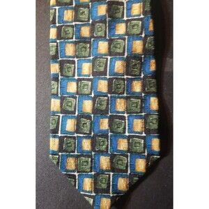 ERMENEGILDO ZEGNA Men's 100% Silk Necktie ITALY Luxury Geometric Blue Green EUC